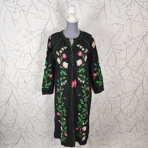 Black Floral Emrboidered Button Front Tassle Long Dress